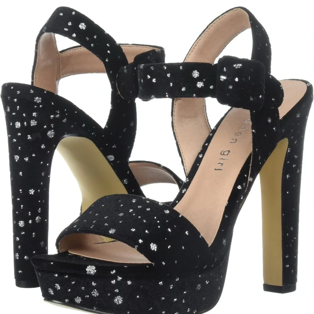Madden Girl ROLLOO Black& Silver Velvet Platform Block Heels 4” Size 7.5 - Picture 1 of 4